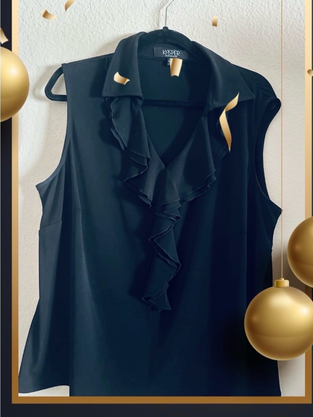 Kasper 2X Black Sleeveless Ruffled V-Neck Blouse